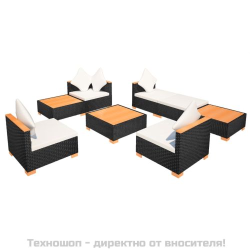 Градински комплект с възглавници, 8 части, черен полиратан