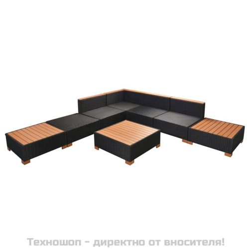 Градински комплект с възглавници, 8 части, черен полиратан