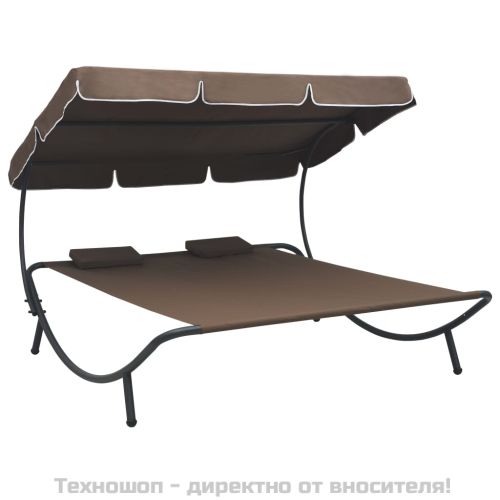 Лаундж легло за открито с навес и възглавници, кафяво