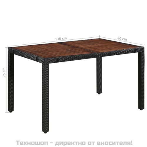 Градински трапезен комплект, 7 части, черен полиратан и акация