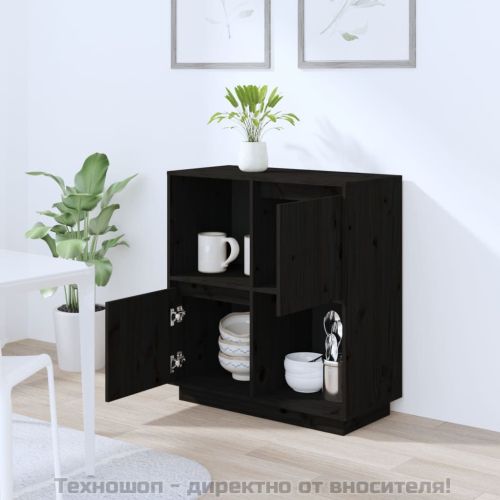 Сайдборд, черен, 74x35x80 см, бор масив