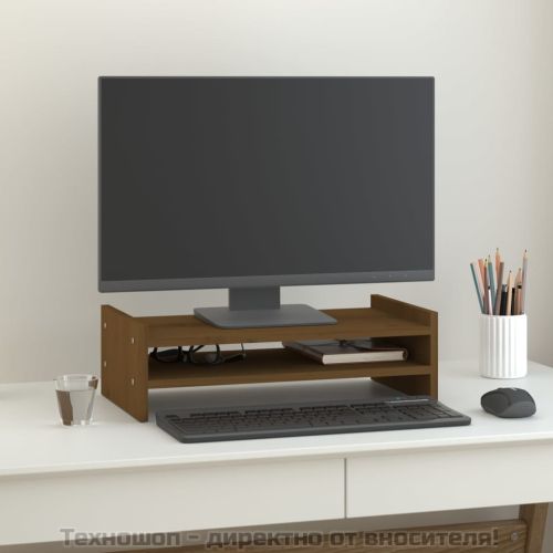 Поставка за монитор, меденокафява, 50x27x15 см, бор масив