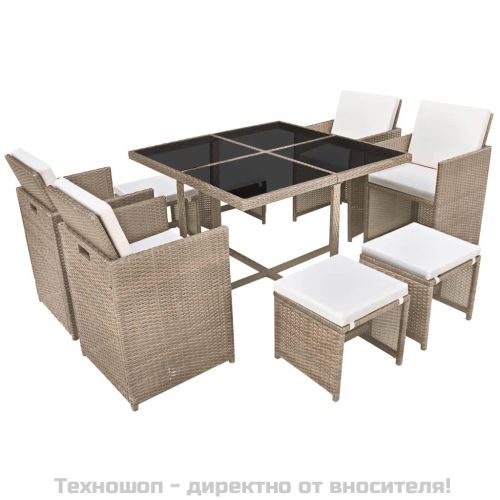 Градински комплект с възглавници, 9 части, бежов полиратан