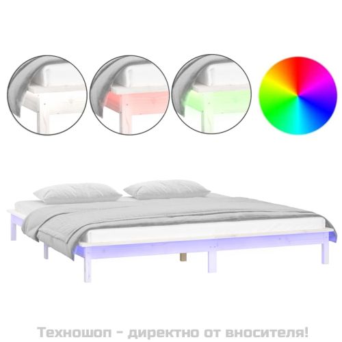 Рамка за легло с LED осветление бяла 160x200 см масивно дърво