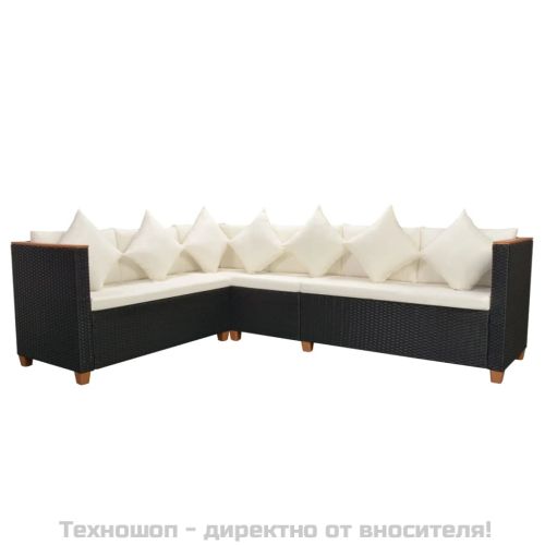 Градински комплект с възглавници, 4 части, черен полиратан