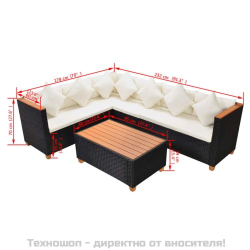 Градински комплект с възглавници, 4 части, черен полиратан