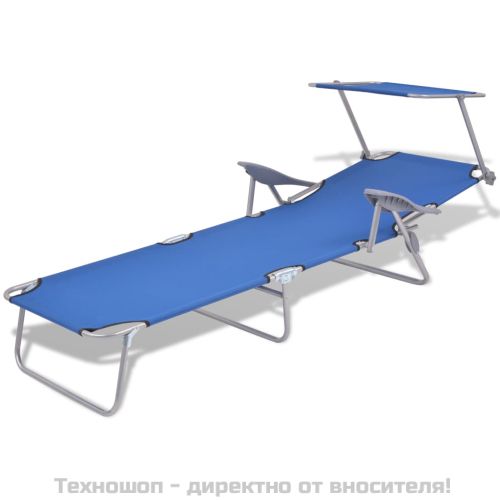 Шезлонг с козирка, стомана, син