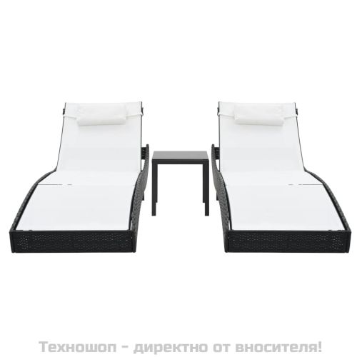 Шезлонги, 2 бр, с масичка, полиратан и Textilene, черни
