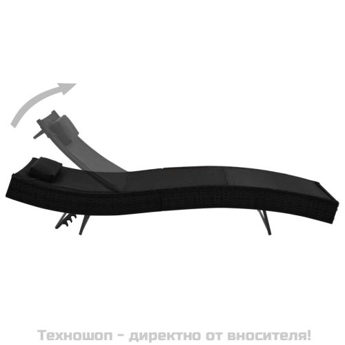 Шезлонг с възглавница, полиратан, черен