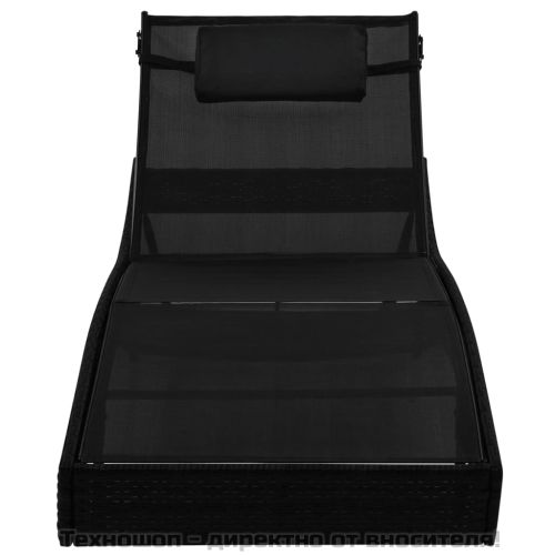 Шезлонг с възглавница, полиратан, черен