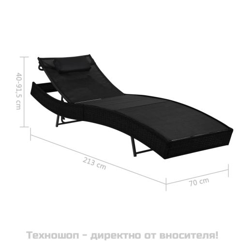 Шезлонг с възглавница, полиратан, черен