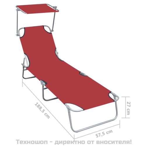 Сгъваем шезлонг с козирка, червен, алуминий