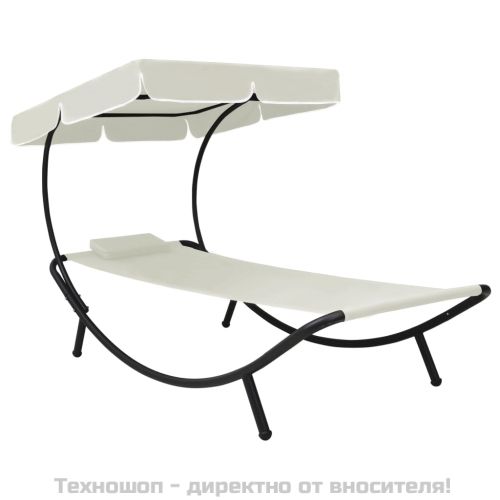 Лаундж легло за открито с навес и възглавница, кремавобяло