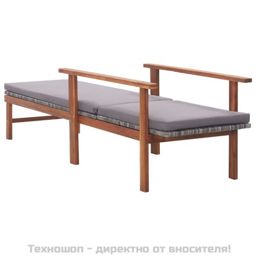 Шезлонг с възглавница, полиратан и акация масив, сив