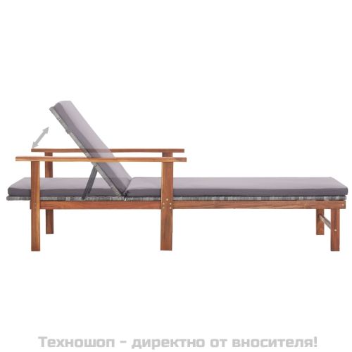 Шезлонг с възглавница, полиратан и акация масив, сив