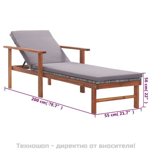 Шезлонг с възглавница, полиратан и акация масив, сив