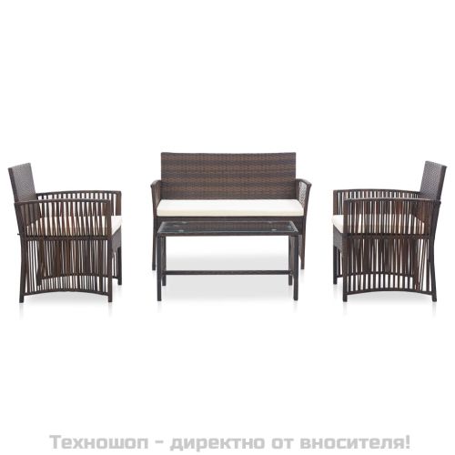 Градински комплект с възглавница, 4 части, кафяв полиратан