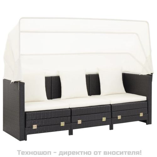 Разтегателен 3-местен диван с навес, полиратан, черен