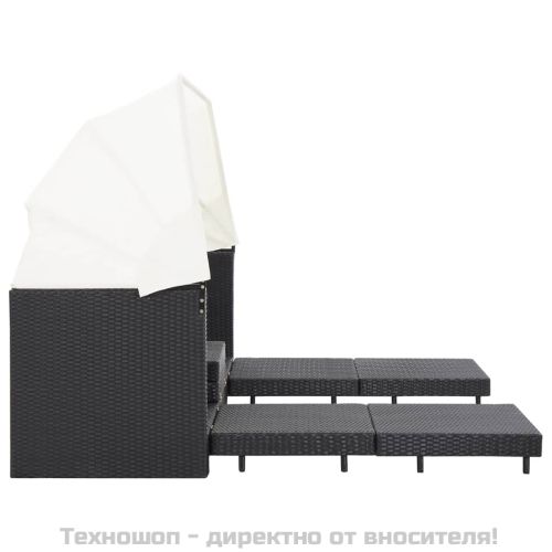 Разтегателен 3-местен диван с навес, полиратан, черен
