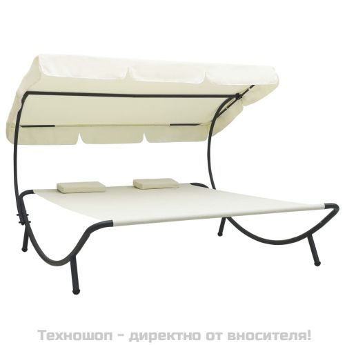 Лаундж легло за открито с навес и възглавници, кремавобяло