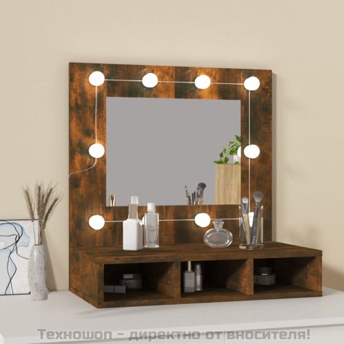 Огледален шкаф с LED, опушен дъб, 60x31,5x62 см