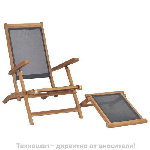 Градински шезлонг с поставка за крака тиково дърво масив черен