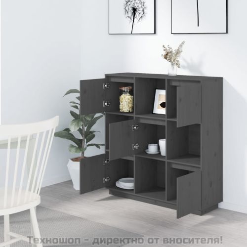 Висок шкаф, сив, 110,5x35x117 см, борово дърво масив