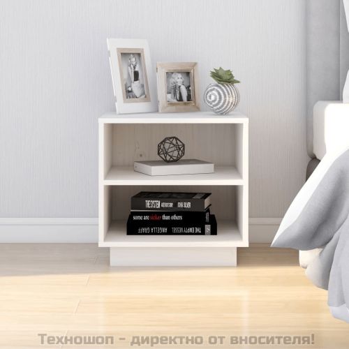 Нощно шкафче, бяло, 40x34x40 см, борово дърво масив