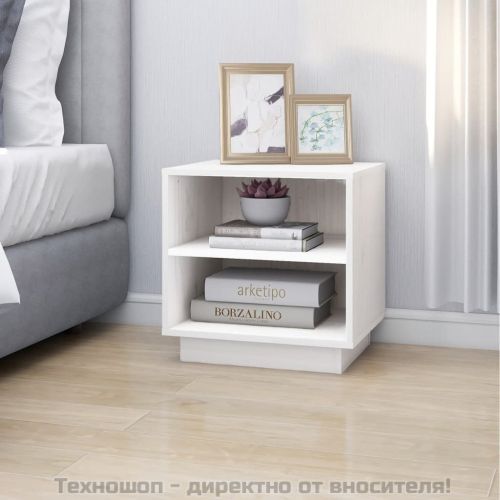 Нощно шкафче, бяло, 40x34x40 см, борово дърво масив