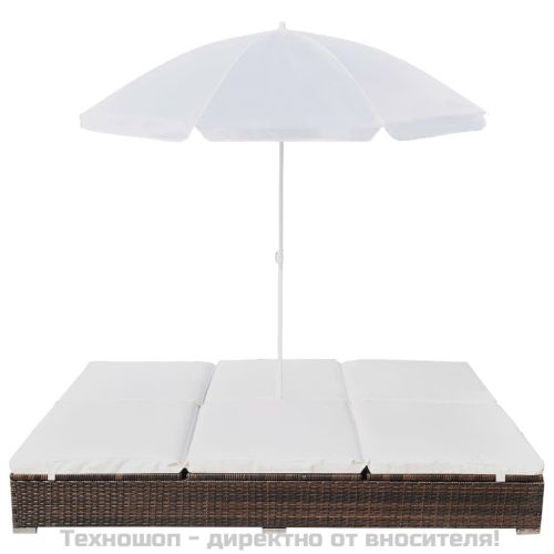 Градинско лаундж легло с чадър, полиратан, кафяво