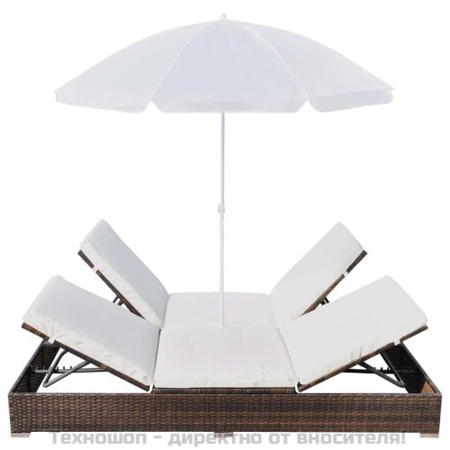 Градинско лаундж легло с чадър, полиратан, кафяво