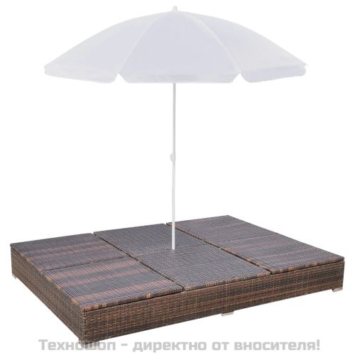 Градинско лаундж легло с чадър, полиратан, кафяво