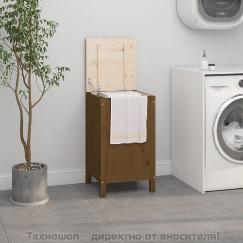 Кутия за пране, меденокафява, 44x44x76 см, борово дърво масив
