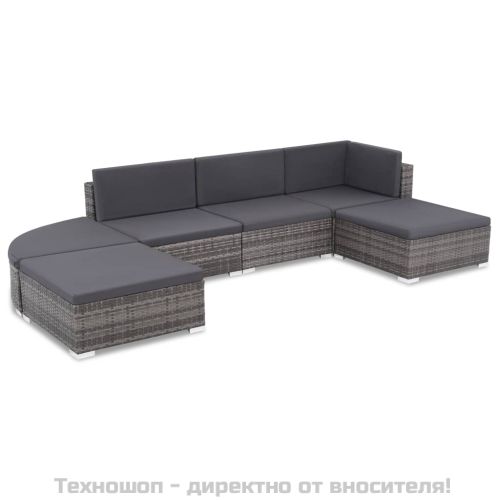 Градински комплект с възглавници, 6 части, полиратан, сив