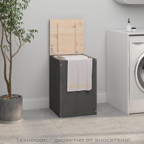 Кутия за пране, сива, 44x44x66 см, борово дърво масив