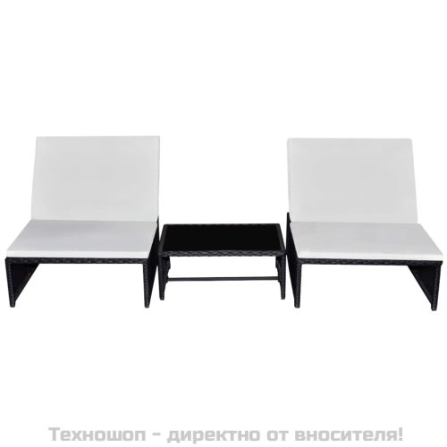 Накланящи се градински столове, 2 бр, с маса, черен, полиратан