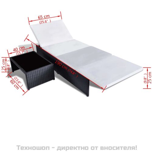 Накланящи се градински столове, 2 бр, с маса, черен, полиратан