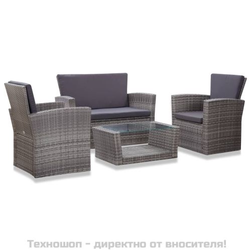 Градински комплект с възглавници, 4 части, полиратан, сив