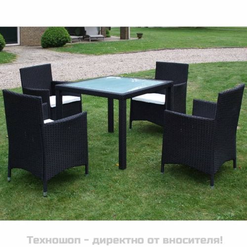 Градински комплект с възглавници, 5 части, черен полиратан