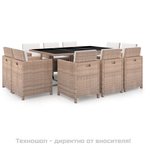 Градински комплект с възглавници, 11 части, бежов полиратан