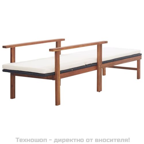 Шезлонг с възглавница, полиратан и акация масив, черен