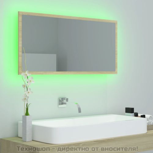 LED огледало за баня, дъб сонома, 90x8,5x37 см, акрил