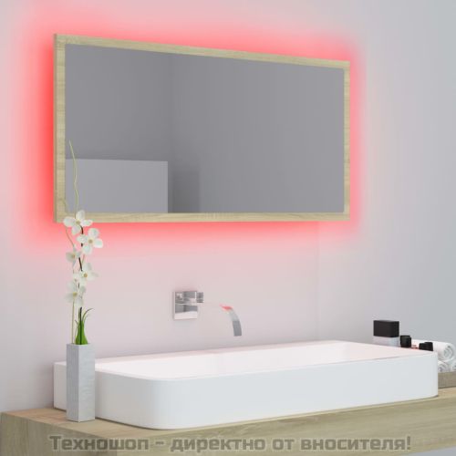 LED огледало за баня, дъб сонома, 90x8,5x37 см, акрил