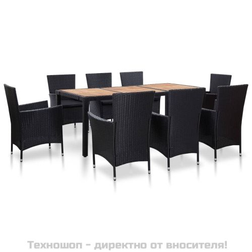 Градински комплект с възглавници, 9 части, черен полиратан