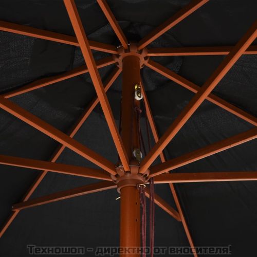 Градински чадър с дървен прът, 350 см, черен