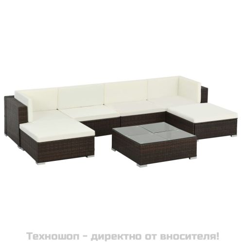 Градински комплект с възглавници, 7 части, кафяв полиратан