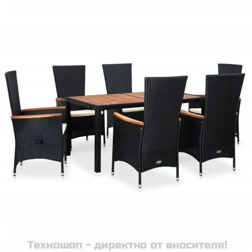 Градински трапезен комплект, 7 части, полиратан, акация, черен