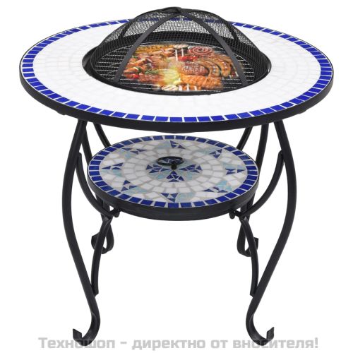 Мозаечна маса с огнище, синьо и бяло, 68 см, керамика