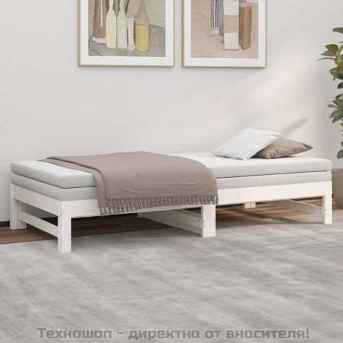 Разтегателна кушетка, бяла, борово дърво масив, 2x(90x190) см