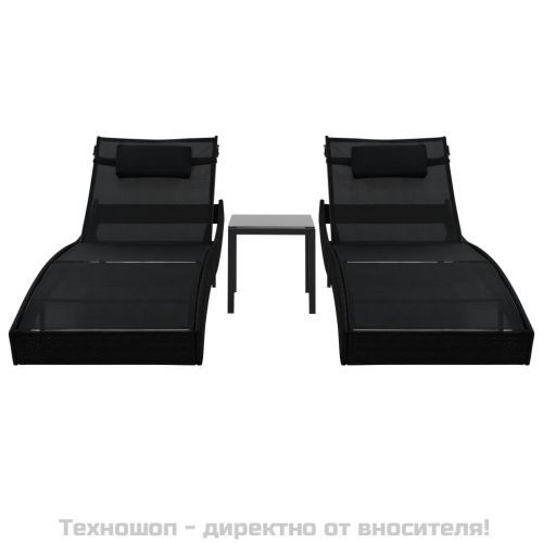 Шезлонги, 2 бр, с масичка, полиратан и Textilene, черни